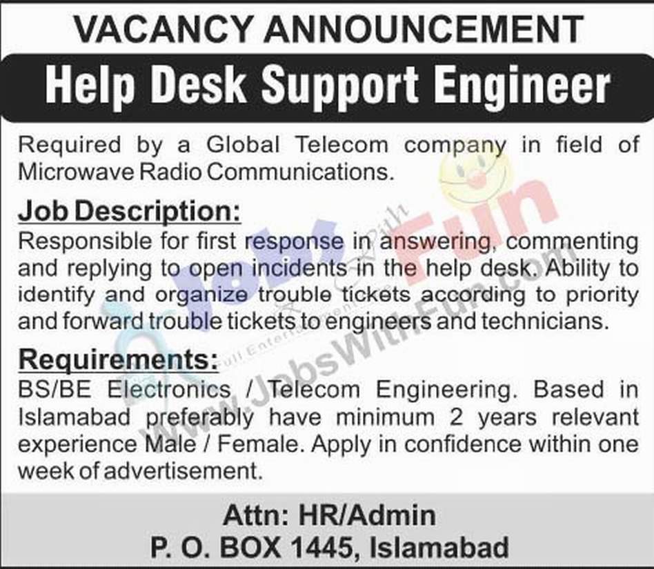 Help Desk Support Engineer Required For Global Telecom Company